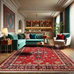 Decorate your living room with red Persian rugs and colored sofas