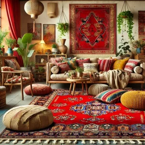 boho living room with red persian rugs