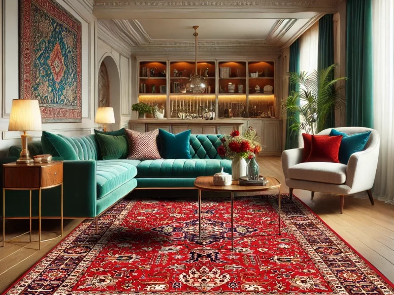 Decorate your living room with red Persian rugs and colored sofas