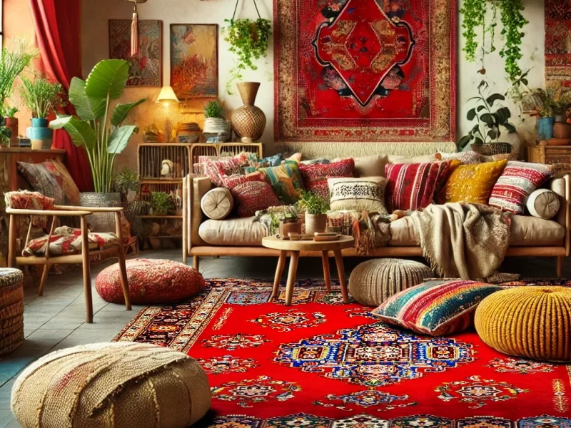 boho living room with red persian rugs